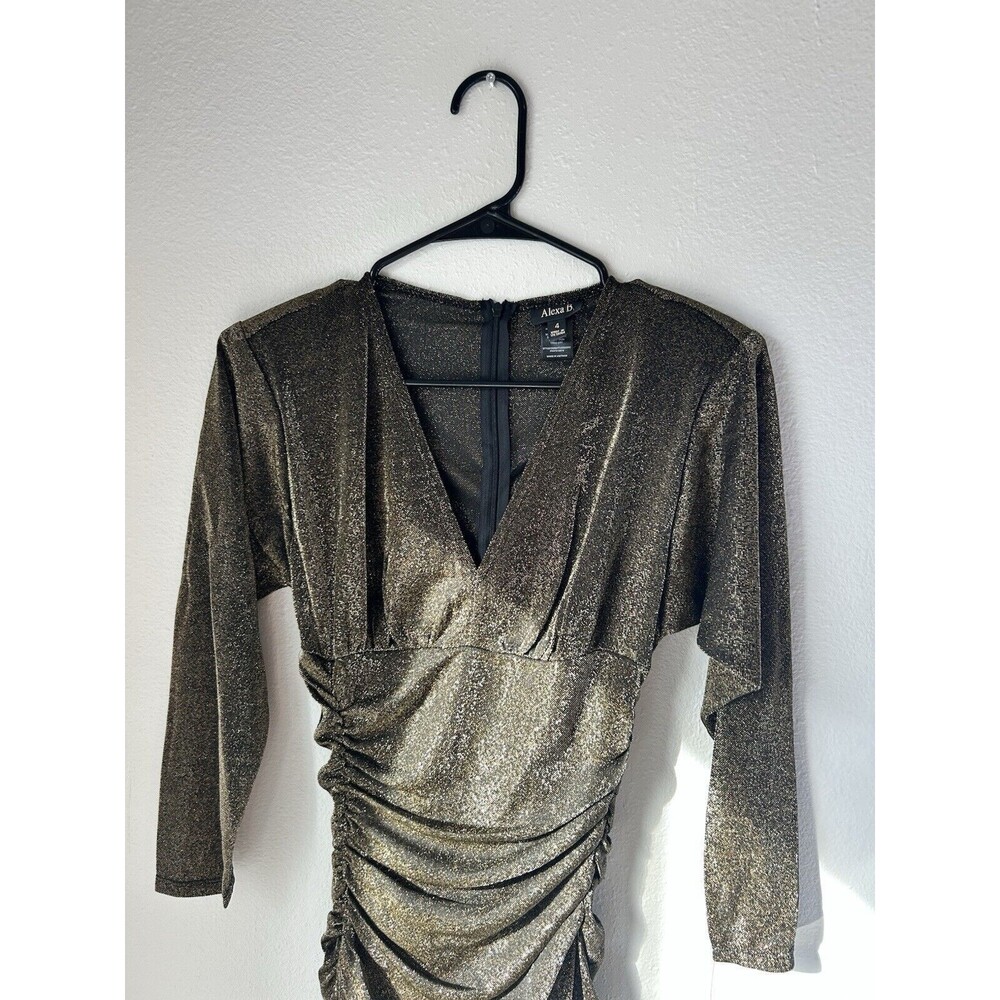 ALEXA B NITES‎ RUCHED GOLD GLAM MESH MAXI DRESS V NECK SIZE 4 NWT - Picture 3 of 9